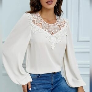 SHEIN Women's Lace Ivory Cream Long Sleeve Blouse Size Small EUC
